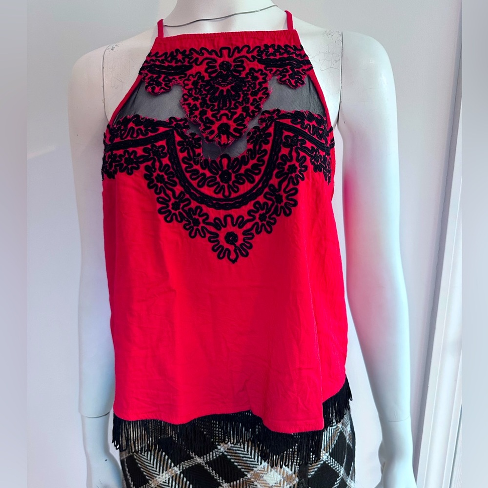 Guess Orange Red Sleeveless Embroidered Tank Top Size M With Fringes